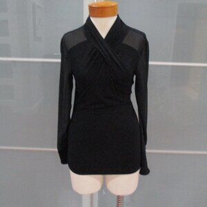 Karen Millen Sheer Long Sleeve Exposed Zipper V-Neck Black Blouse